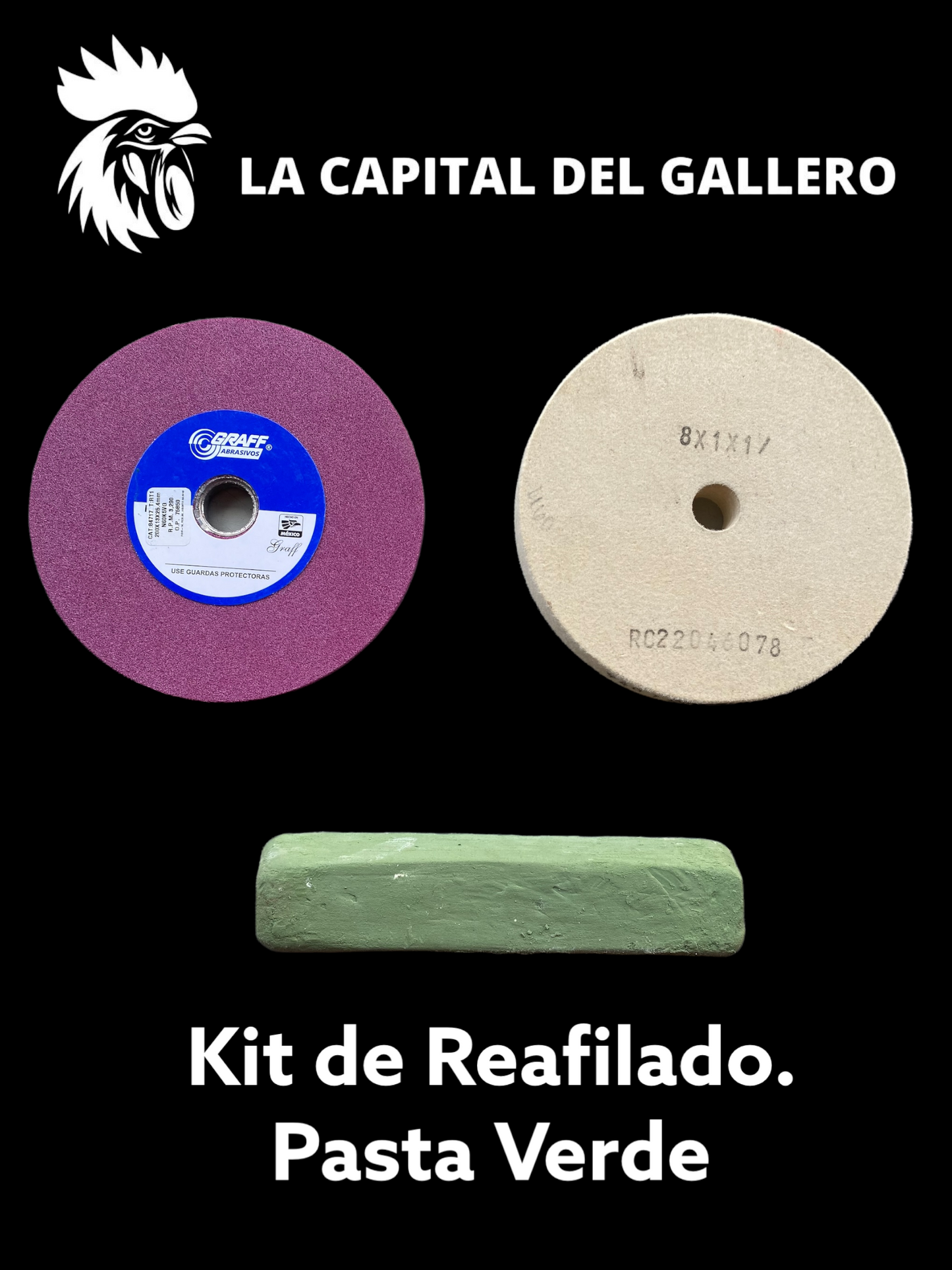 Kit para afilar navajas para gallos Piedra Grano 80, rayado medio, pasta verde